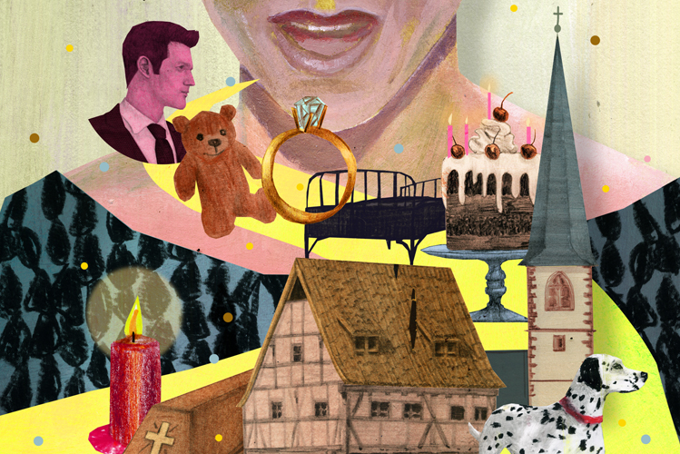 Die Illustration zeigt eine Frau, die von Stationen ihres Lebens erzählt. Zu sehen ist ein Verlobungsring, eine Geburtstagstorte, ein Mann, ein Teddybär, ein Hund, ein Kirchturm, ein Sarg und eine Kerze.
