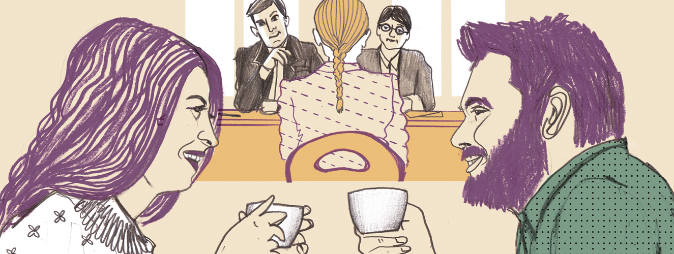 Die Illustration zeigt Menschen, die sich in verschiedenen Situationen miteinander unterhalten, beim Kaffee, am Tisch, auf der Bank, als Paar, unter Freunden und beim Vorstellungsgespräch