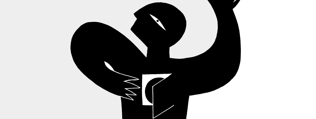 Die Illustration zeigt einen Mann in Schwarz, der mit einer Tür sein Inneres im Oberkörper öffnet. Darin befindet sich ein dunkler Kern.