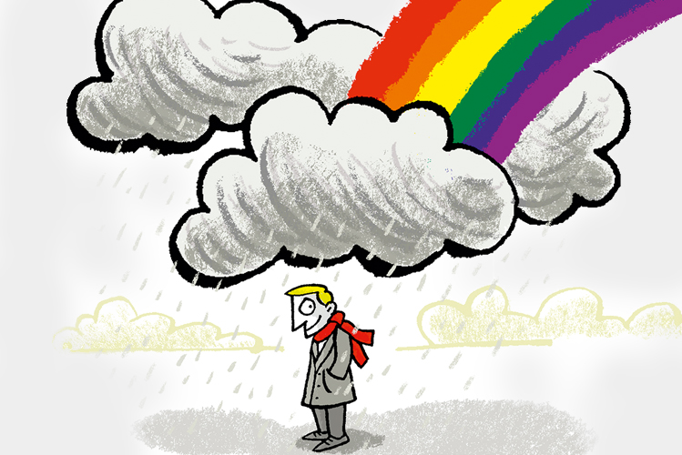 Illustration zeigt einen Mann, der unter Regenwolken und einem Regenbogen steht.