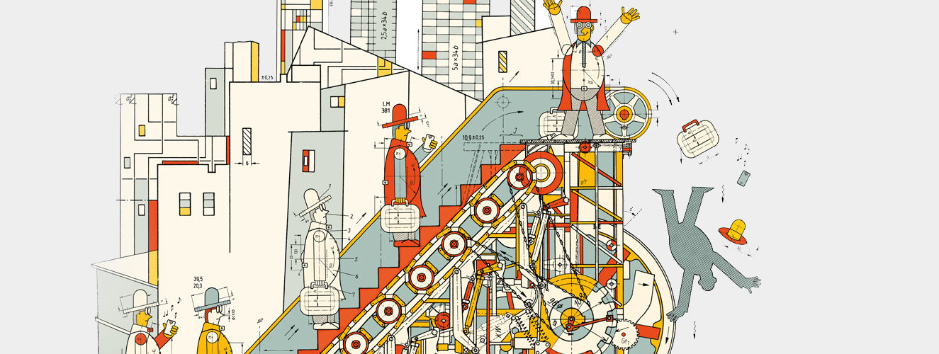 Illustration zeigt Menschen in einer Maschinenwelt, die von einer Rolltreppe hinunterfallen.