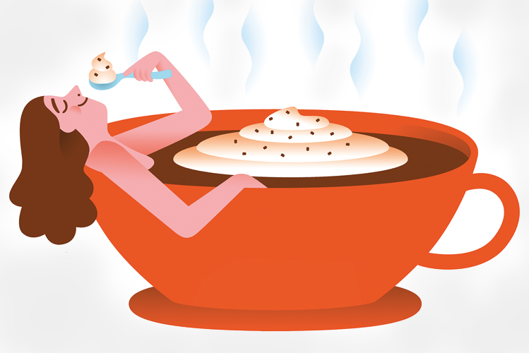 Illustration zeigt eine Frau, die in einer Tasse Kakao sitzt.