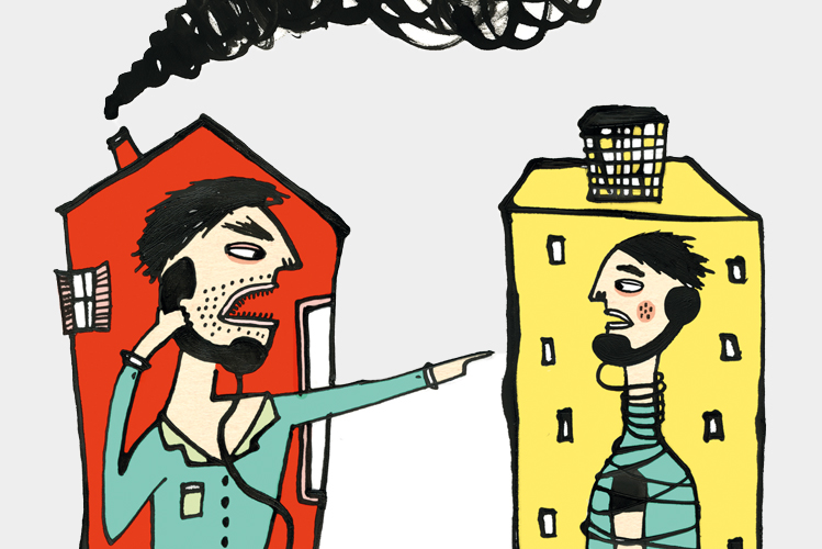 Illustration zeigt zwei Menschen in zwei Häusern, die miteinander telefonieren.