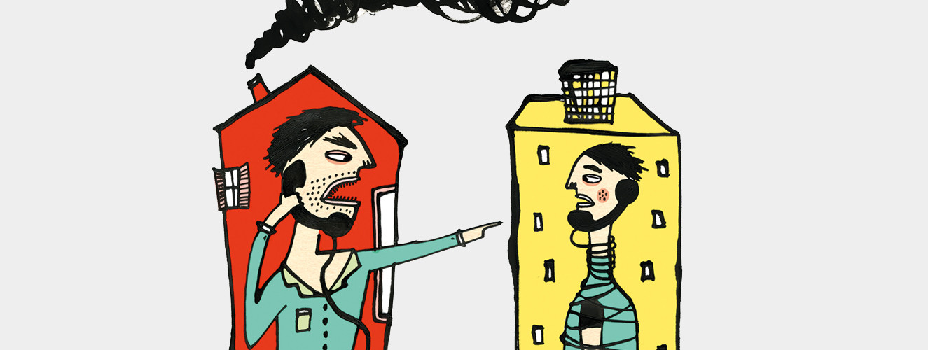 Illustration zeigt zwei Menschen in zwei Häusern, die miteinander telefonieren