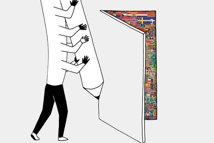 Die Illustration zeigt einen Mann mit vielen Armen in verschiedener Hautfarbe, der eine Tür zeichnet, die leicht geöffnet ist und dahinter viele Länderflaggen zeigt