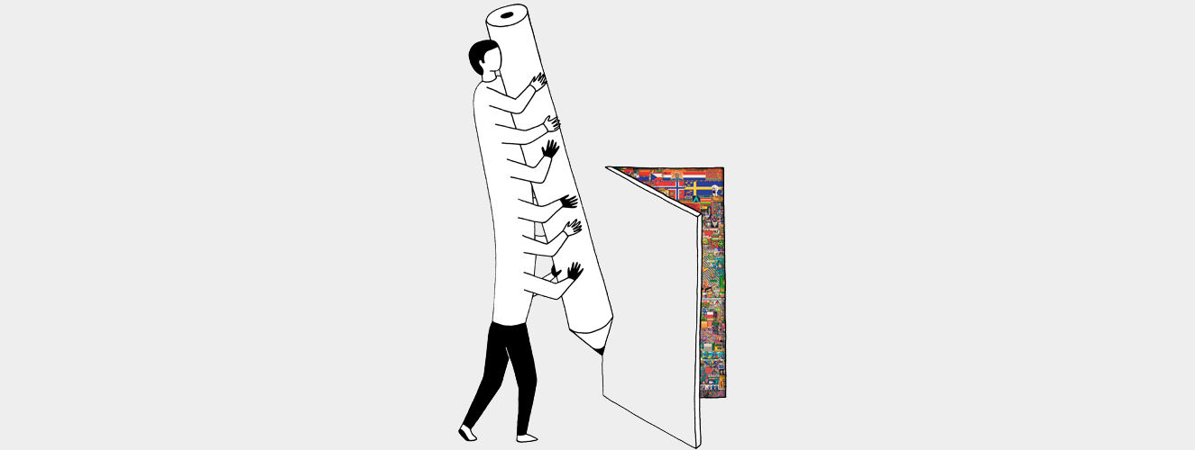 Die Illustration zeigt einen Mann mit vielen Armen in verschiedener Hautfarbe, der eine Tür zeichnet, die leicht geöffnet ist und dahinter viele Länderflaggen zeigt