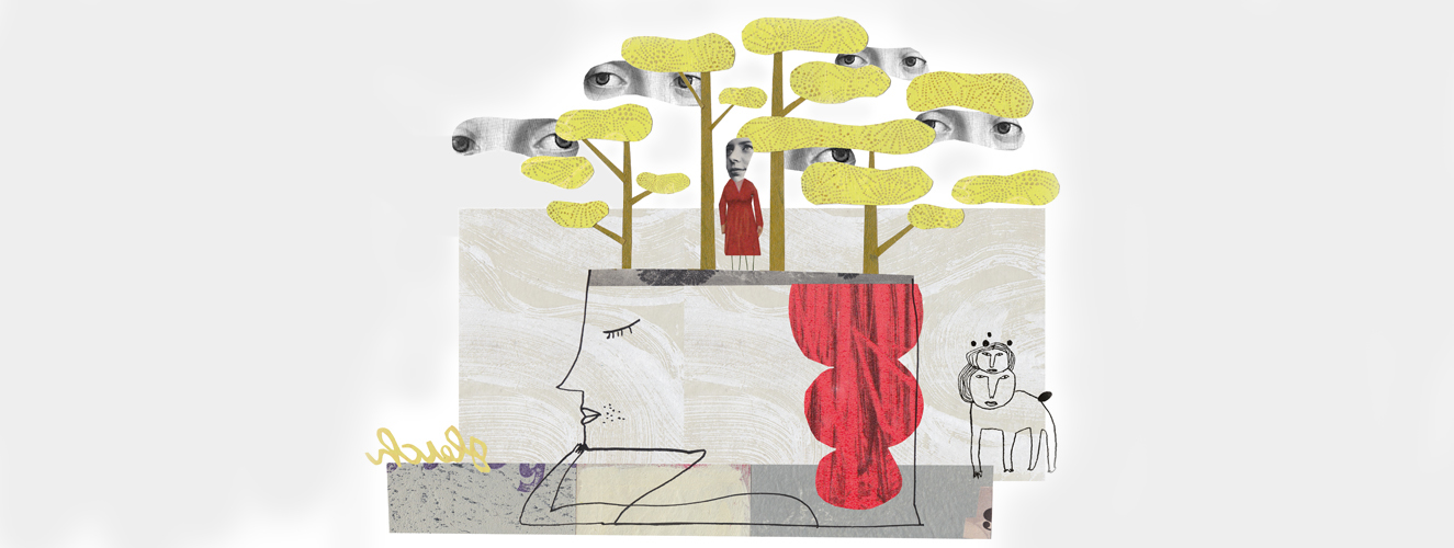 Die Illustration zeigt einen Kopf, auf dem Bäume und eine Person sowie viele Augenpaare sind.