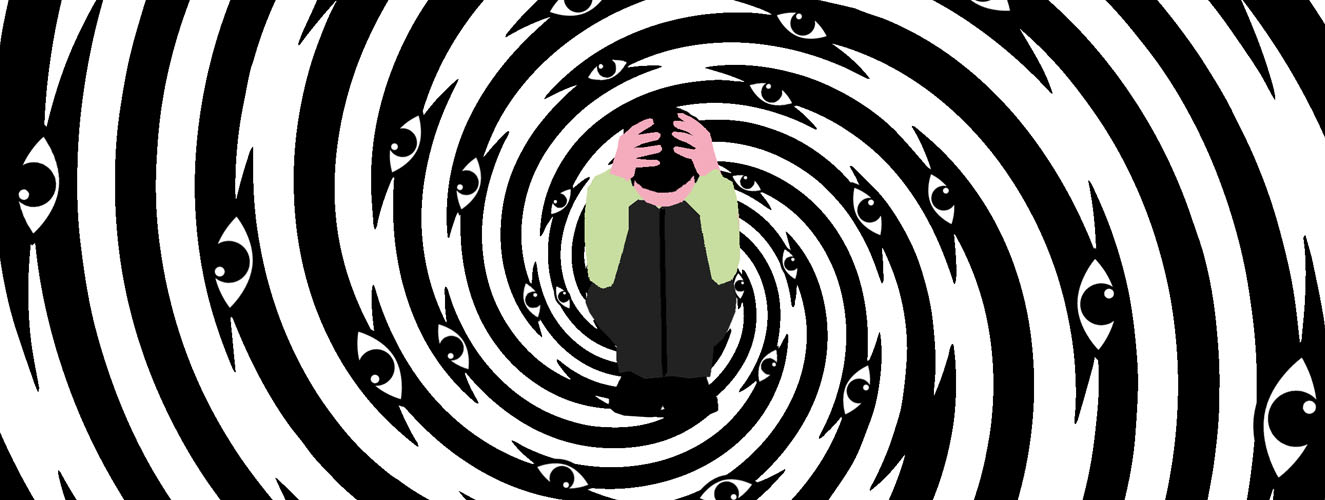 Die Illustration zeigt einem Mann, der niederkauert mit den Händen am Kopf und der sich in einem Gedankenstrudel befindet