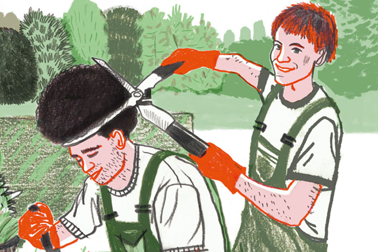 Die Illustration zeigt junge Leute bei der Gartenarbeit, wobei einer der Jungen mit der Heckenschere die Haare des anderen Jungen schneidet und dabei fröhlich lächelt
