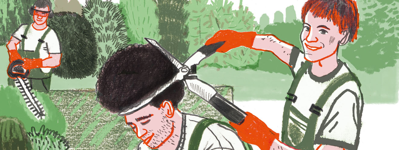Die Illustration zeigt junge Leute bei der Gartenarbeit, wobei einer der Jungen mit der Heckenschere die Haare des anderen Jungen schneidet und dabei fröhlich lächelt