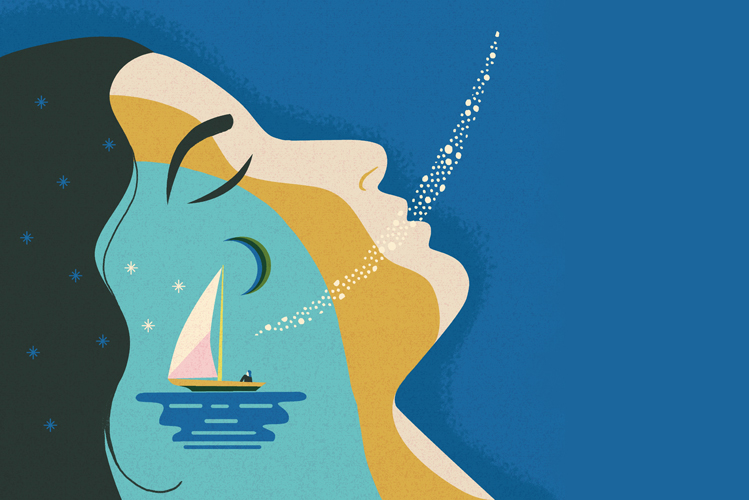 Die Illustration zeigt eine Frau, die nachts im Schlaf atmet, und von einem Segelboot auf dem Meer träumt