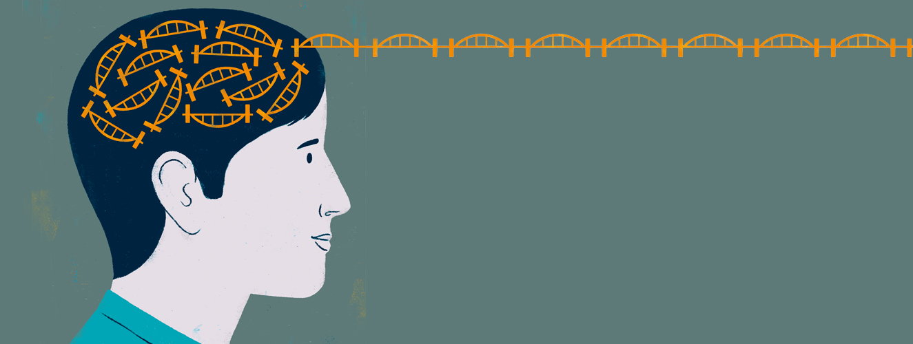Die Illustration zeigt einen Mann mit Brückenpfeilern im Kopf, die sich zu einer Brücke in die Zukunft aus seinem Kopf herausformen