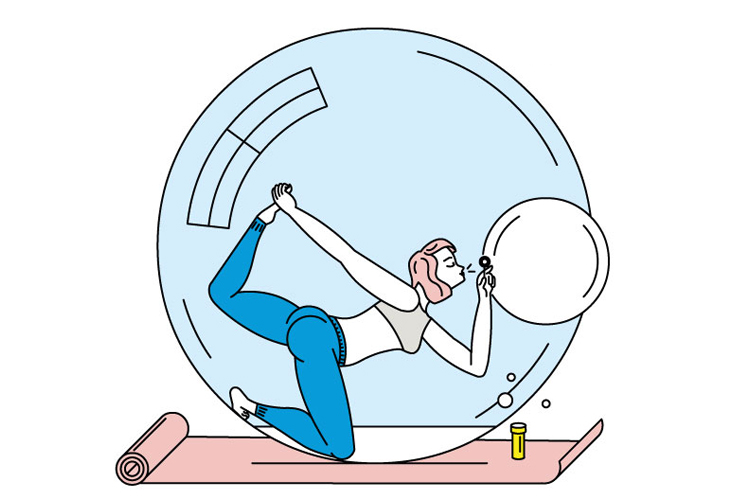 Die Illustration zeigt eine junge Frau, die auf einer Matte in einer großen Seifenblase Yoga macht und dabei sorglos weitere Seifenblasen macht
