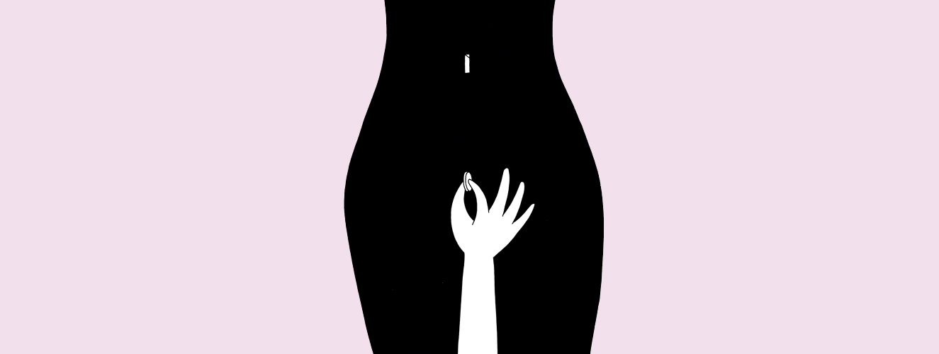 Die Illustration zeigt einen attraktiven Frauenkörper, der anstelle eines Bauchnabels einen Geldschlitz hat, davor eine Hand, die im Begriff ist, eine Münze einzuwerfen, um sich Sex zu kaufen