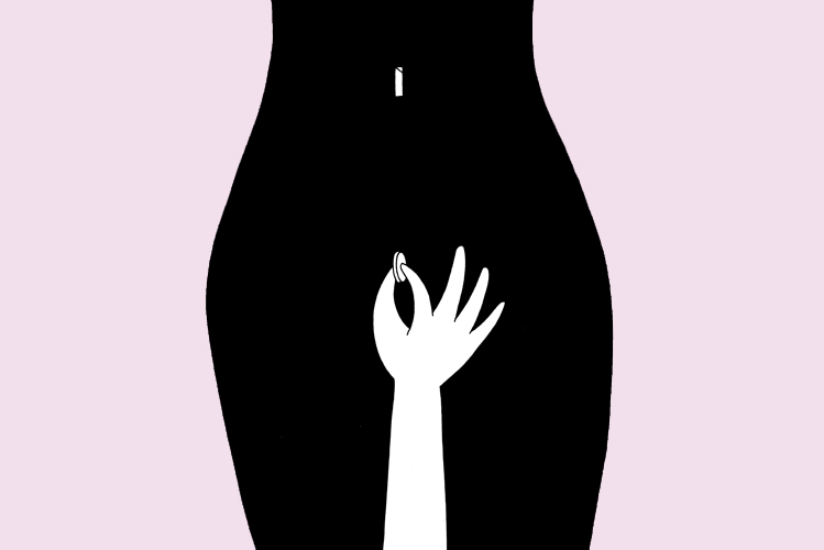 Die Illustration zeigt einen attraktiven Frauenkörper, der anstelle eines Bauchnabels einen Geldschlitz hat, davor eine Hand, die im Begriff ist, eine Münze einzuwerfen, um sich Sex zu kaufen