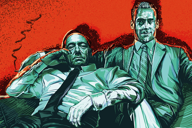 Illustration zeigt die Serienhelden aus House of Cards, Mad Men, Breaking Bad und The Sopranos