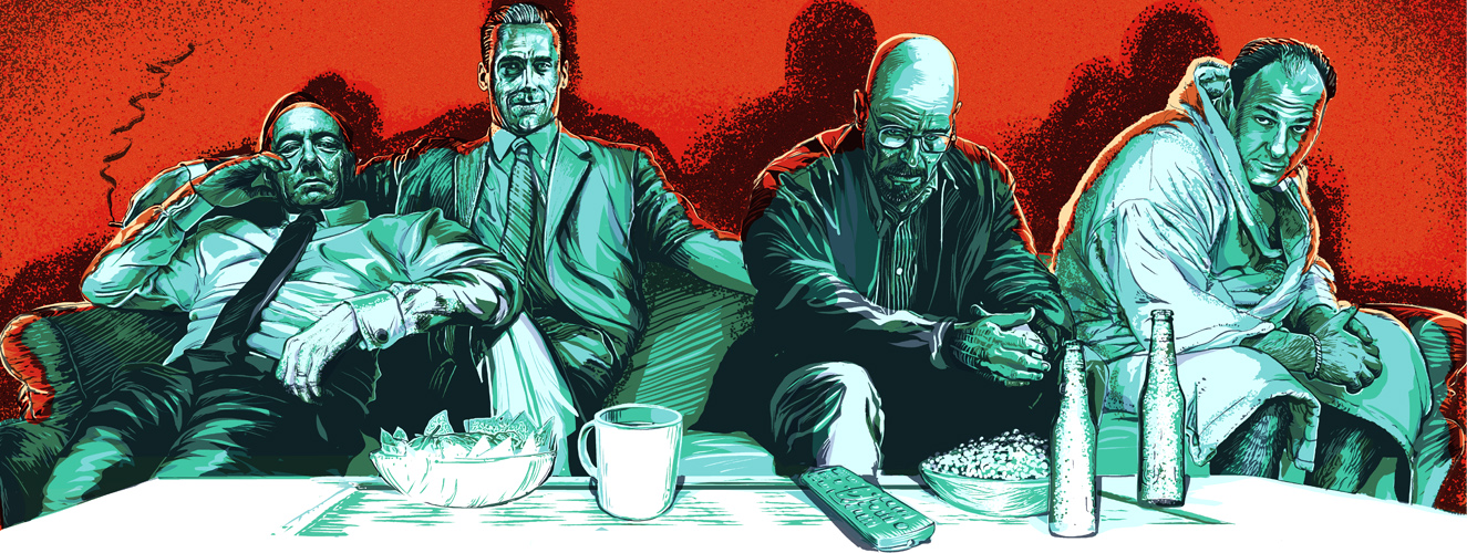 Illustration zeigt die Serienhelden aus House of Cards, Mad Men, Breaking Bad und The Sopranos nos