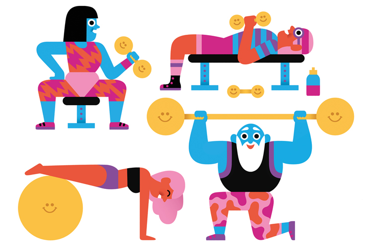 Illustration zeigt verschiedene Personen, die Sport machen und dabei glücklich sind