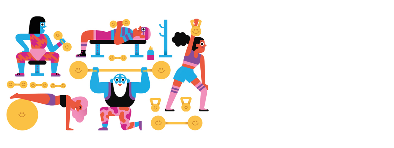Illustration zeigt verschiedene Personen, die Sport machen und dabei glücklich sind