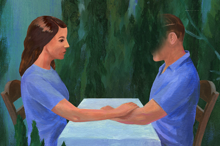 Illustration zeigt ein Paar, dass sich traurig an einem Tisch gegenüber sitzt