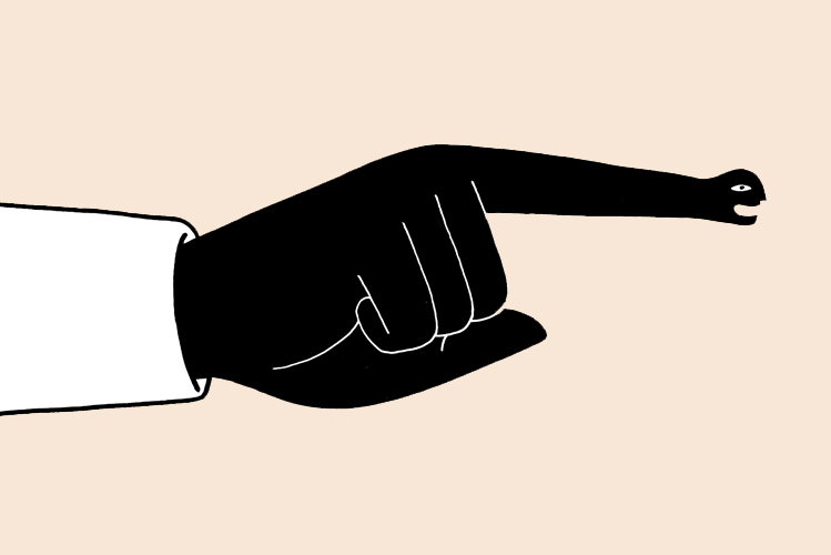 Illustration zeigt eine Hand mit einem schadenfroh lachenden Zeigefinger