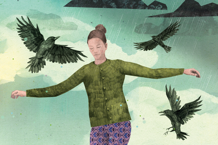 Die Illustration zeigt eine Frau auf einem Seil balanzierend umringt von schwarzen Vögeln und dahinter ziehen dunkle Wolken auf