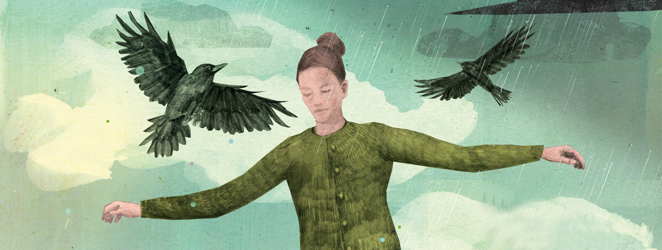 Die Illustration zeigt eine Frau auf einem Seil balanzierend umringt von schwarzen Vögeln und dahinter ziehen dunkle Wolken auf