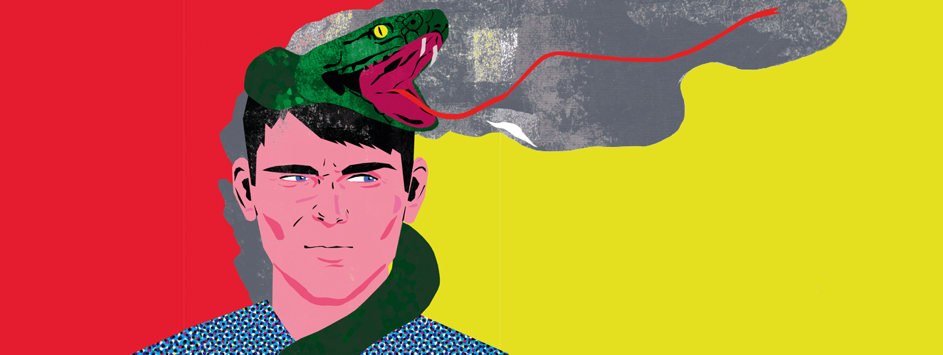 Die Illustration zeigt einen Mann voller Neid mit einer Schlange auf dem Kopf, die mit geöffnetem Maul ihre gefährlichen Zähne zeigt.