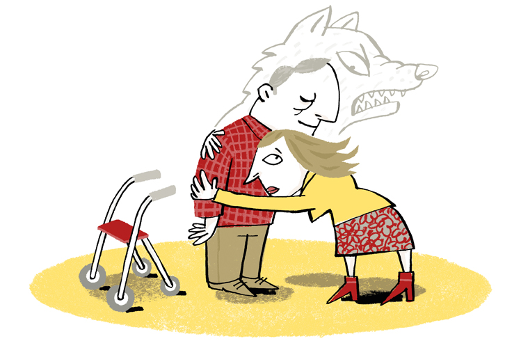 Die Illustration zeigt eine Tochter, die ihren alten, gebrechlichen Vater unsicher umarmt, dahinter schaut ein böser Wolf aus dem Vater heraus