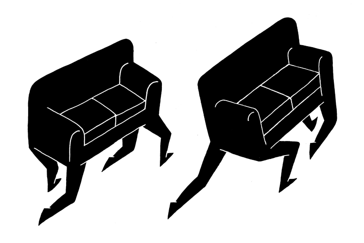 Die Illustration zeigt zwei Psychotherapeuten-Sofas mit Beinen, die um die Wette laufen, der eine ist die Verhaltenstherapie, der andere die Psychoanalyse