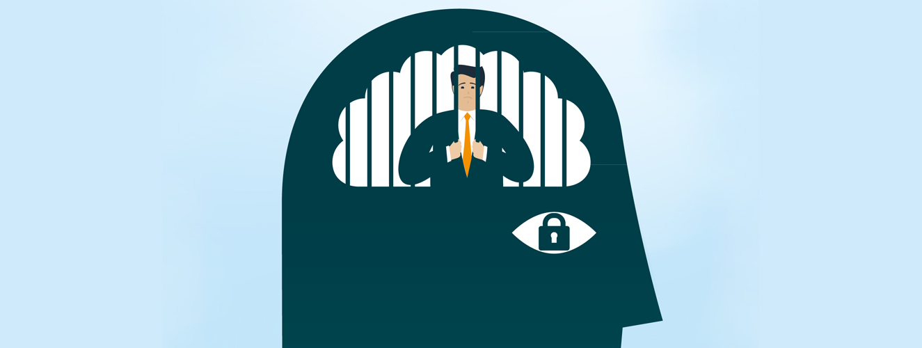 Die Grafik zeigt einen Mann, der hinter Gitterstäben in seinem eigenen Kopf steht.