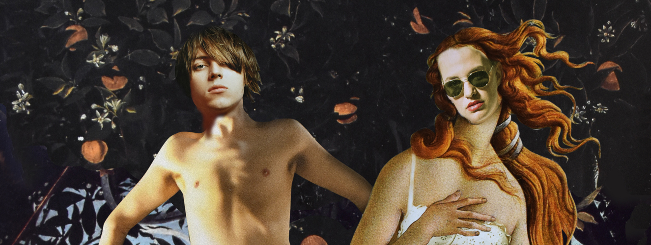 Die Collage zeigt einen jungen Mann und eine junge Frau, die gleichzeitig freizügig sind und doch keusch ihre Nacktheit bedecken