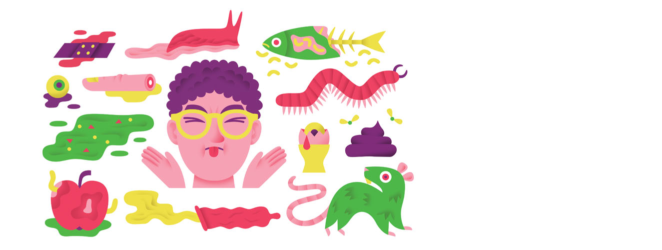 Die Illustration zeigt eine Frau, umgeben von ekelerregenden Dingen wie einem vergammelten Apfel oder einer Ratte