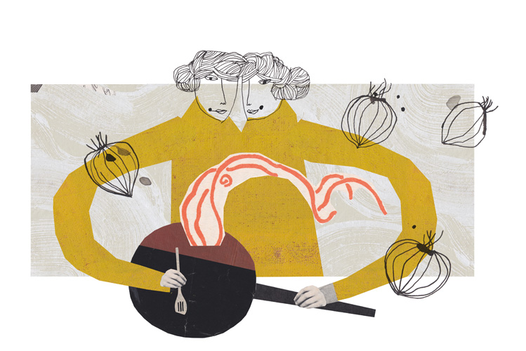 Die Illustration zeigt zwei Freundinnen, die gemeinsam im gleichen Kochtopf rühren und dabei glücklich sind
