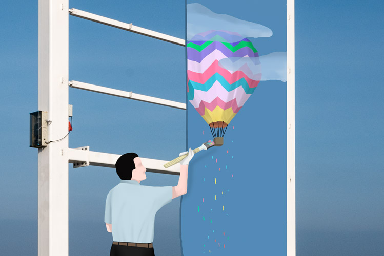 Ein Mann malt in den Dünen am Meer auf eine Leinwand einen Heißluftballon an den Himmel als Illusion