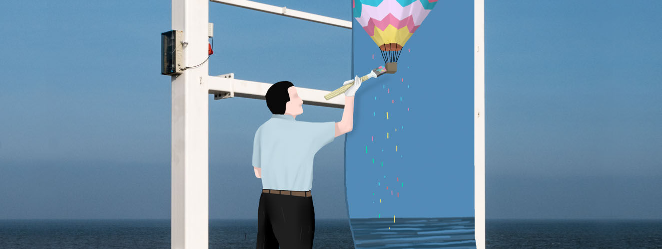 Ein Mann malt in den Dünen am Meer auf eine Leinwand einen Heißluftballon an den Himmel als Illusion