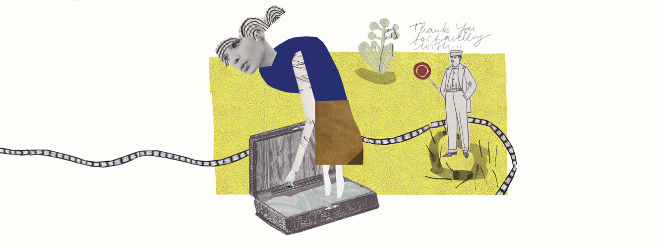 Die Illustration zeigt eine Frau, die sich hastig auf einer Bahnhofstoilette, dabei in einem Koffer stehend, umkleidet. 