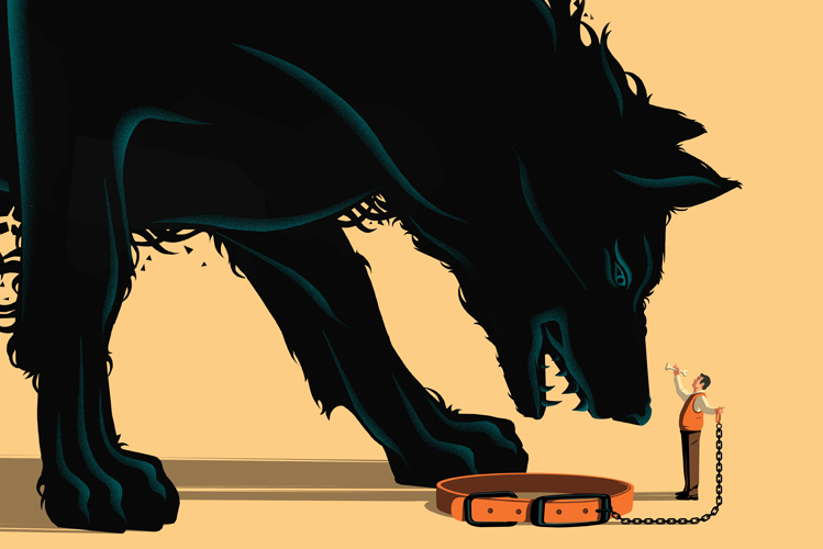 Die Illustration zeigt einen kleinen Mann, der einen sehr großen, schwarzen Wolf von seinem Halsband befreit und ihn mutig anschaut