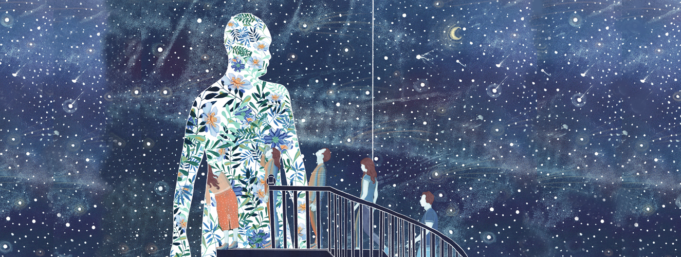 Die Illustration zeigt einen großen Mann aus romantischem Blumendekor in einer Sternennacht, davor eine Treppe auf der die Menschen inspiriert zum romantischen Mann gehen