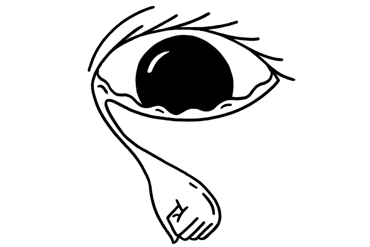 Die Zeichnung zeigt ein ein menschliches Auge, aus der eine durch Kränkung entstandene Träne rinnt, die sich in eine Faust verwandelt