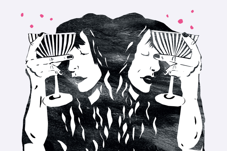 Illustration zeigt eine Frau, die ein Glas mit Alkohol hält.