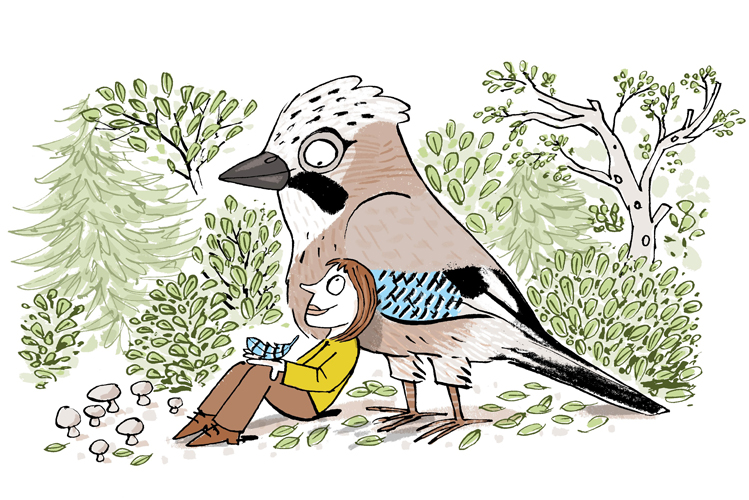 Die Illustration zeigt eine Frau in der Natur, die sich entspannt an einen großen Vogel lehnt, um ihre Ängste und Schuldgefühle zu verarbeiten