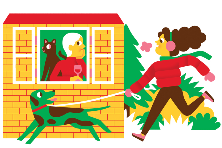 Die Illustration zeigt eine Frau, die glücklich mit ihrem Hund an einem Haus vorbei joggt, aus dem eine ältere Frau mit einem Glas Wein in der Hand und eine Katze an ihrer Seite nachdenklich schaut