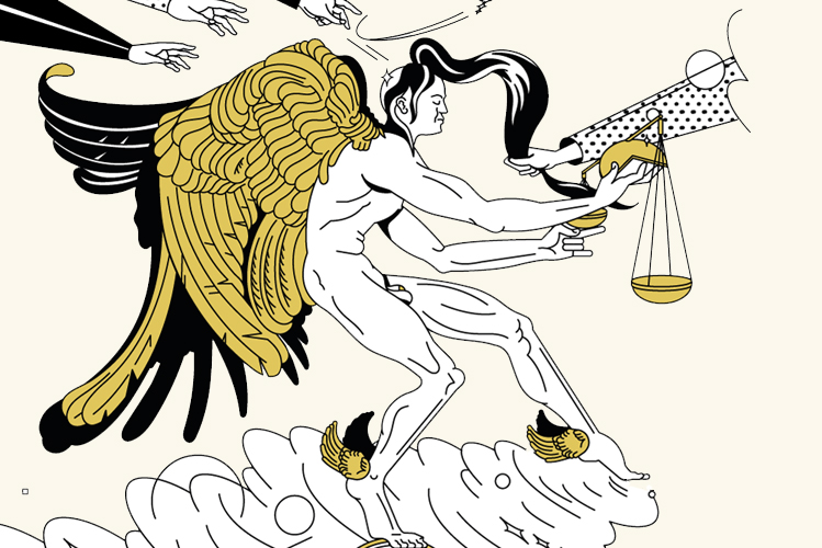 Die Illustration zeigt Kairos, Sohn des Zeus, der in der griechischen Mythologie der Gott des richtigen Augenblicks ist und gerade eine Chance ergreift