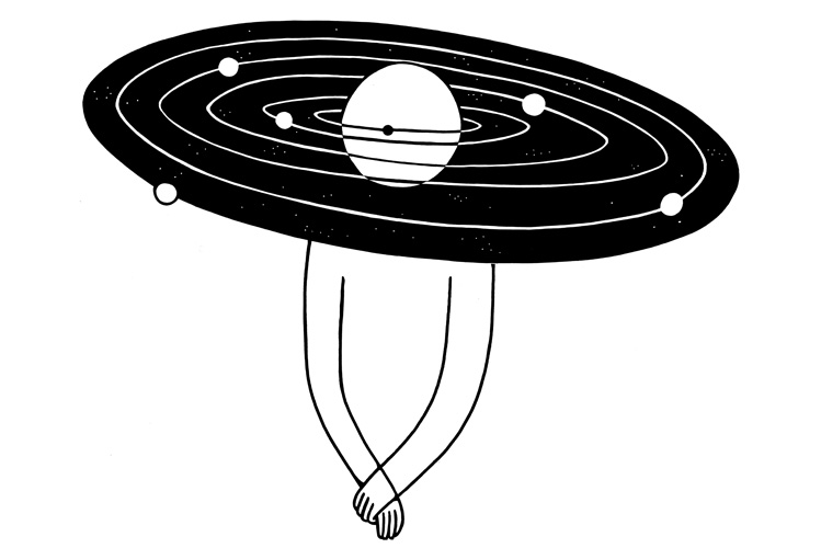 Die Illustration zeigt eine Person, die von Planeten umkreist wird und sich wünscht, für andere wichtig und bedeutsam zu sein