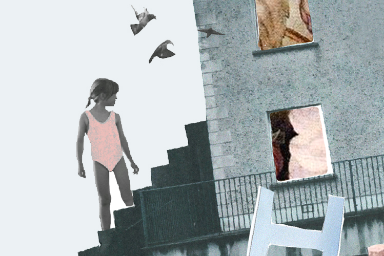 Die Illustration zeigt ein junges Mädchen, die auf einer Treppe vor einem Haus steht und Kindheitserinnerungen zeigt