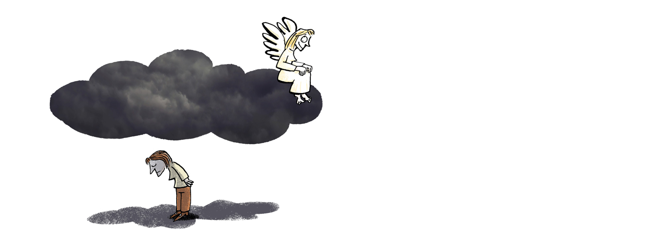 Die Illustration zeigt eine Frau die depressiv unter einer schwarzen Wolke steht auf der ein Engel sitzt, der die Frau tröstend anlächelt