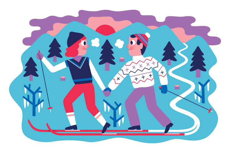 Die Illustration zeigt ein Händchen haltendes Paar beim Langlauf auf Tandem-Skiern, das sich zufrieden anlächelt
