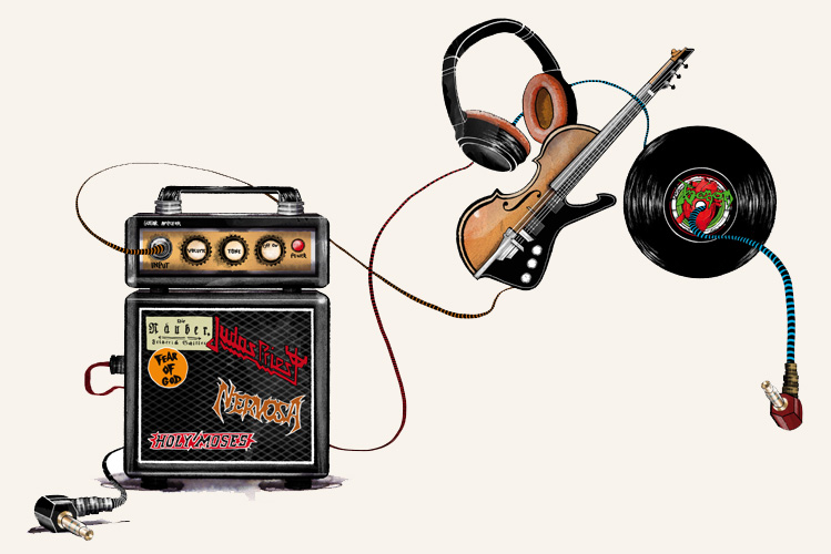 Die Illustration zeigt einen Verstärker mit Heavy-Metall-Aufklebern, an dem Kopfhörer und E-Gitarre angestöpselt sind