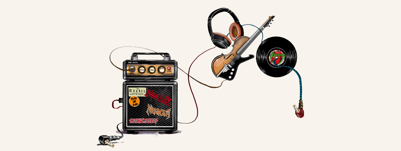 Die Illustration zeigt einen Verstärker mit Heavy-Metall-Aufklebern, an dem Kopfhörer und E-Gitarre angestöpselt sind